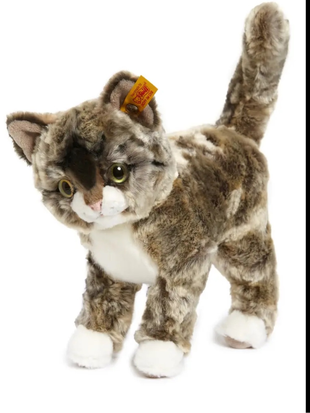 Steiff Plush Kitty Cat Toy in Brown and White Stuffed Cat with Button & Tag